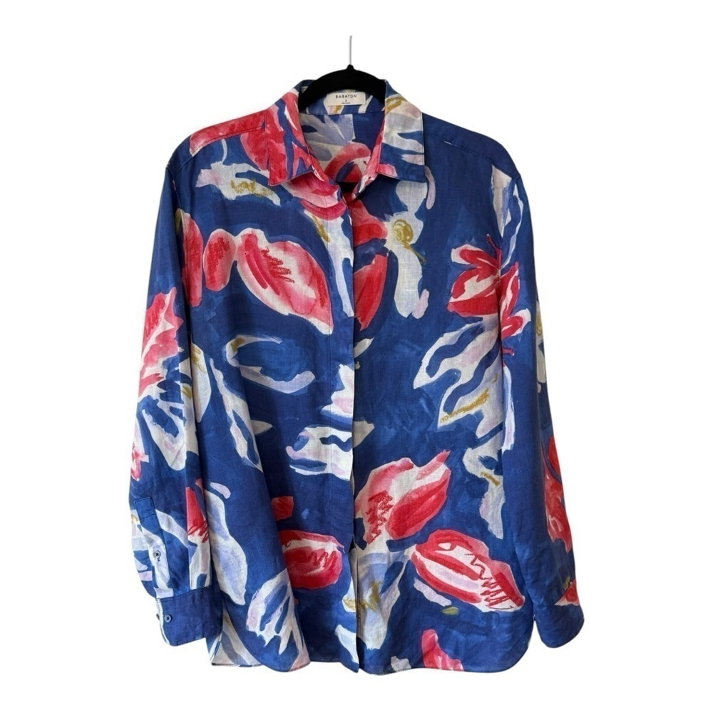 Linen Floral Blouse Watercolour Pattern Button Down | Babaton - Size Small